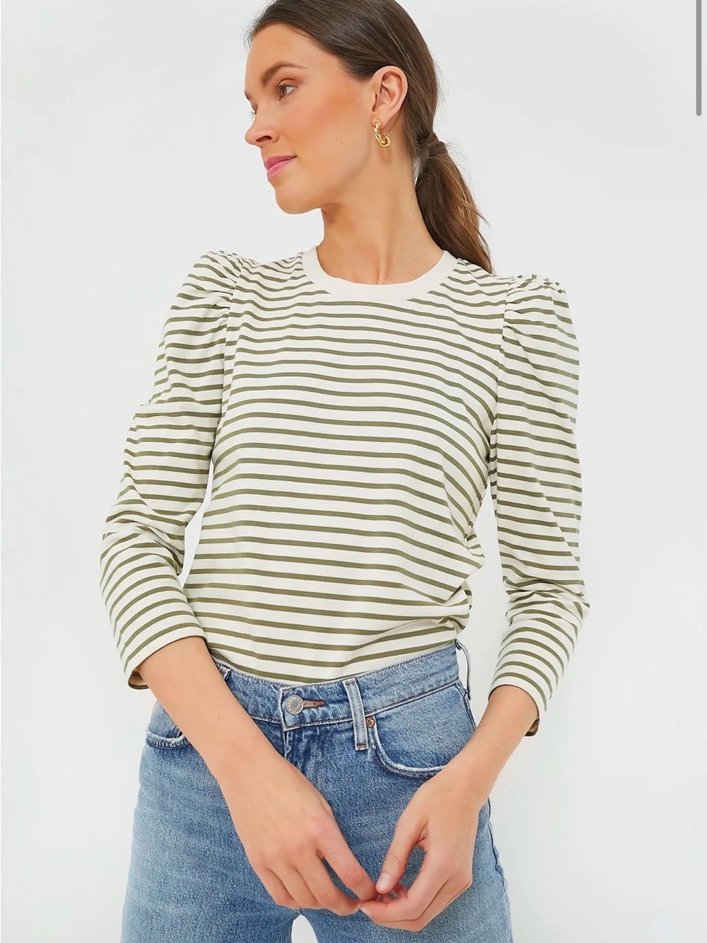 Tuckernuck- Pomander Place- Olive Striped Vesty Long Sleeve Crewneck